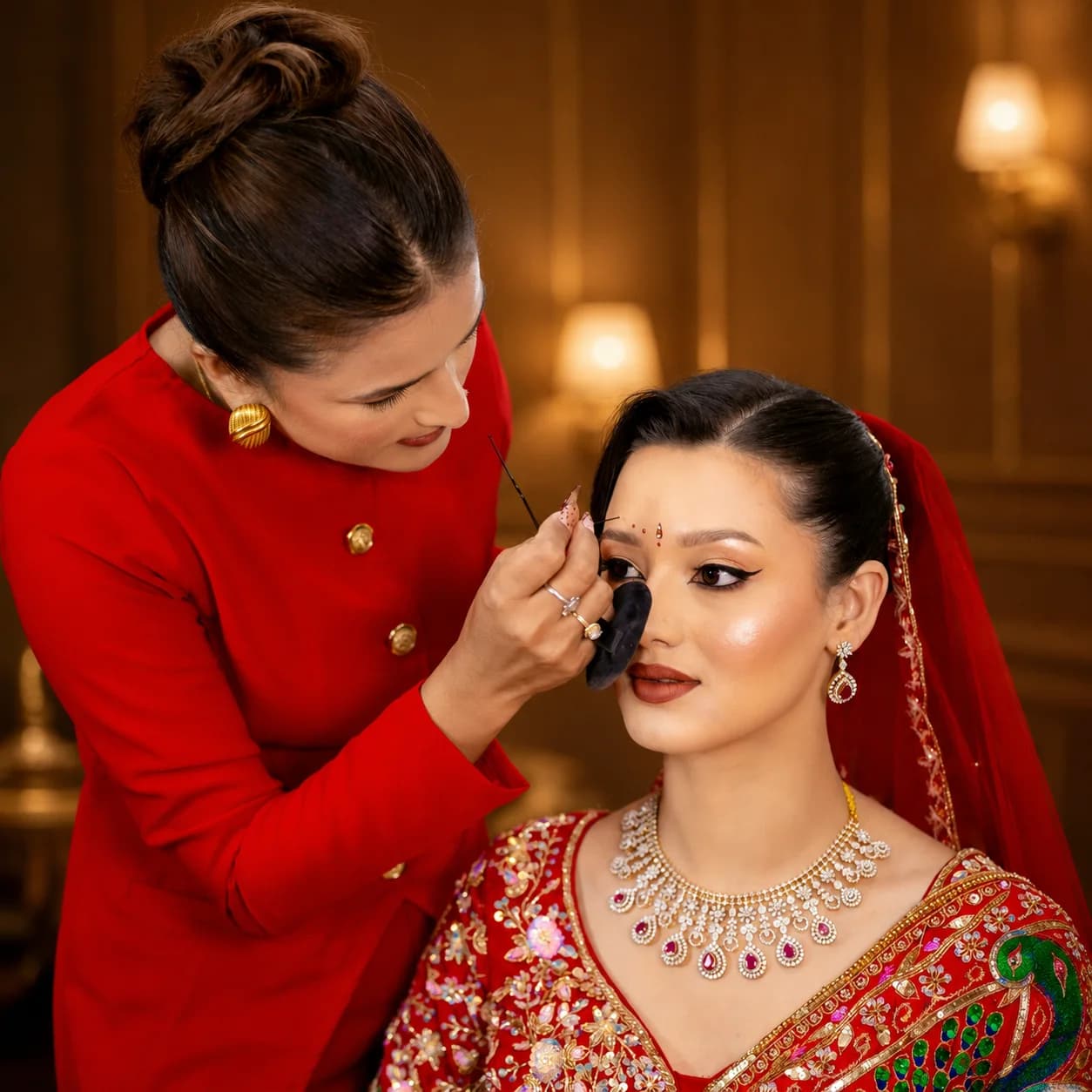 An NJS makeup artist applying bridal makeup to a bride