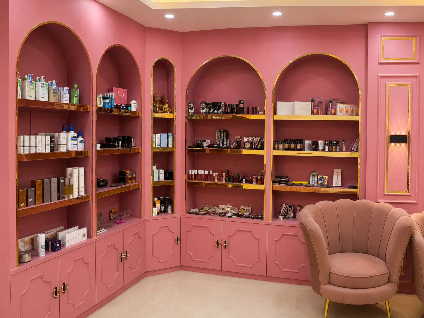 The NJS retail wall of arched shelves and beauty products, Old Baneshwor, Kathmandu
